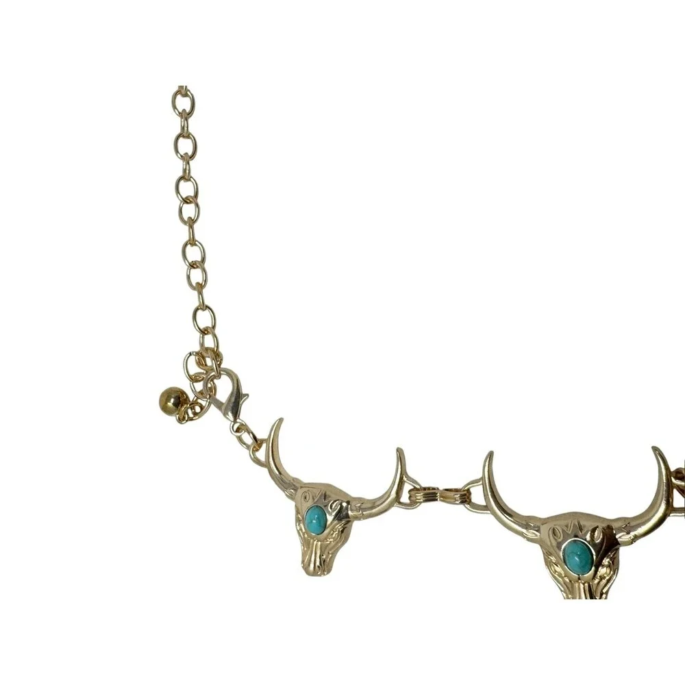 Y2K concho belt Gold Tone Longhorn Steer Faux Turquoise Cabochon womens
